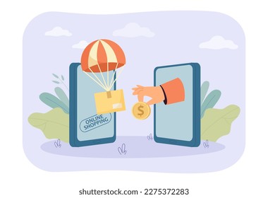 Delivering package through phone vector illustration. Two smartphones with package and hand holding money. Online shopping, payment options, online delivery, e-commerce concept