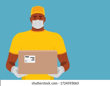 Delivering Parcel. African American Delivery Man Holding Cardboard Box. Courier In Medical Mask And Gloves. Carrying Package. Sterile Cargo.