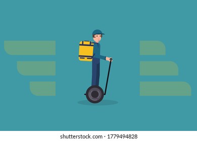 Delivering service vector illustration with modern delivery man on segway carrying package. Food delivery boy.