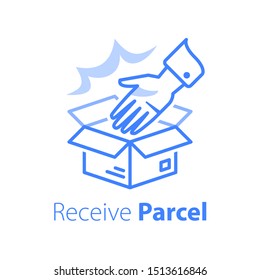 Delivering shop order, linear design, open box and hand, pick up pint, give away parcel, receive store purchase, collect office, vector line icon