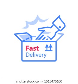 Delivering shop order, linear design, open box and hand, pick up pint, give away parcel, receive store purchase, collect office, vector line icon