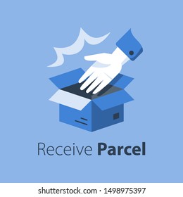 Delivering shop order, open box and hand, pick up pint, give away parcel, receive store purchase, collect office, vector flat illustration