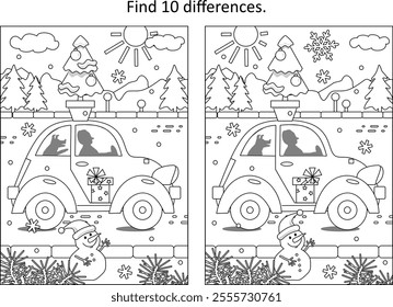 Delivering small and alive christmas tree on top of a car difference game and coloring page. Man driver and his dog friend. Cold winter day. 
