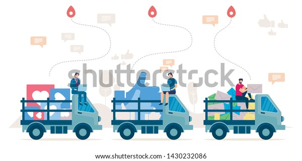 Delivering social network positive\
reactions, successful marketing, ad campaign flat vector concept.\
People with laptops sitting on Trucks loaded with thumbs up,\
hearts, letters signs\
illustration