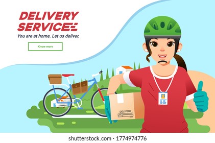 deliverry service courrier girl sending package with bysicle, women deliverry company mascot with landscape as background vector illustration. used for poster, mascot and other