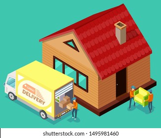 Delivers holding box, isometric 3d people carrying armchair in home, exterior of house. Cargo delivery by truck, dwelling and transportation vehicle, moving vector