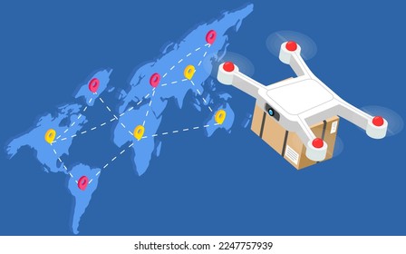 Delivers parcel worldwide anywhere in world, flying copter. Future technologies, remote control, safe delivery service. Transportation of goods by air using modern flying equipment