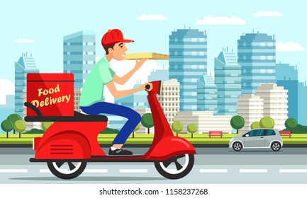 Сourier delivers the pizza on the motorbike. Happy man is carrying pizza boxes, delivering to customers. Vector illustration