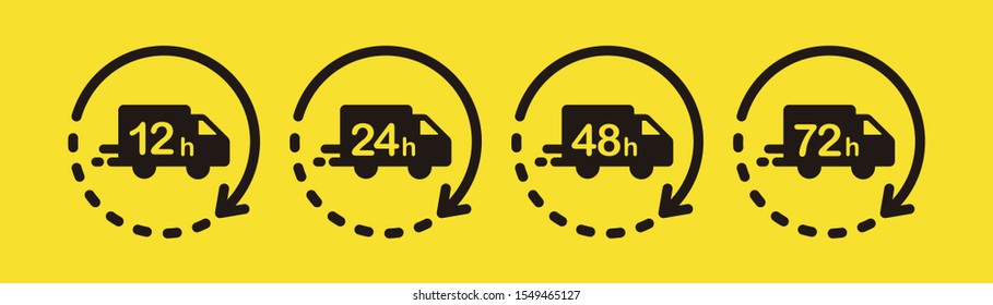 Delivery in 12, 24, 48 and 72 hours icon set. Shipping Flat vector illustration.