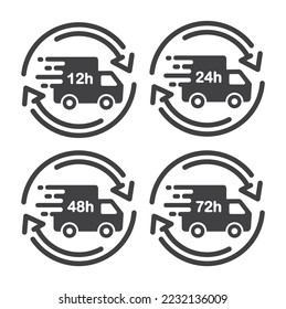 Lieferung in 12, 24, 48 und 72 Stunden, Icon Set, Vektorgrafik, Aufkleber.