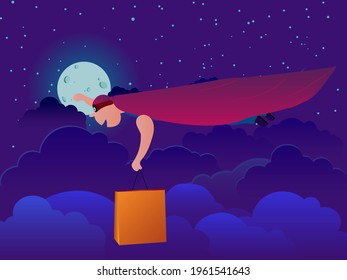 Delivery 24 hours, concept. Super man on the background of the night sky and the moon delivers a package. Delivery of goods around the clock
