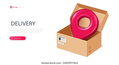 Delivery 3D box poster. Online shopping and home delivery. GPS tags inside parcel. Export and inport, transportation and shipping. Landing webpage design. Cartoon flat vector illustration