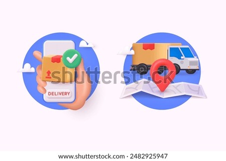 Delivery 3d cartoon vector icons. Hand holding smartphone with delivery app. Map with pointer and delivery van. 3D Web Vector Illustrations.