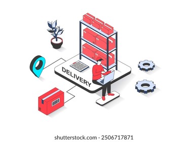 Delivery 3d isometric concept with isometry people design for web. Man working at warehouse, managing logistic company with courier shipping and sending parcel boxes to client. Vector illustration.