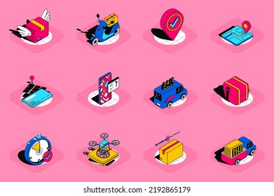 Delivery 3d isometric icons set. Pack elements of fast shipping, parcel, online tracking map, transport, flying drone, logistic, storage and others. Vector illustration in modern isometric design