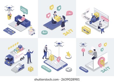 Delivery 3d isometry concept for web design. Collection set with isometric people getting food delivering with drones and couriers, truck transportation, tracking parcels in app. Vector illustration.