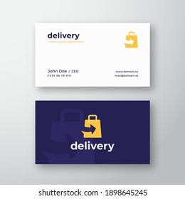 Delivery Abstract Modern Vector Logo and Business Card Template. Paper Bag with Negative Space Arrow Icon with Typography. Shopping Emblem Concept. Premium Stationary Realistic Mock Up. Isolated.