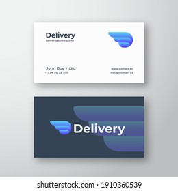 Delivery Abstract Vector Logo and Business Card Template. Letter D with Incorporated Wings Icon with Modern Typography. Fast Delivery Emblem Concept. Premium Stationary Realistic Mock Up. Isolated.