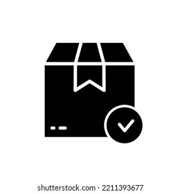 Delivery Accept Safe Cardboard Package Silhouette Icon. Correct Check Carton Parcel Box Glyph Pictogram. Quality Goods in Container Checkmark. Approved Product Tick. Isolated Vector Illustration.