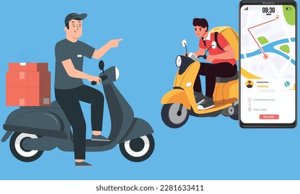 Delivery address concept illustration, delivery man and smartphone tracking, Fast and free delivery by scooter perfect for landing page