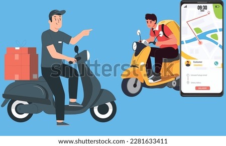 Delivery address concept illustration, delivery man and smartphone tracking, Fast and free delivery by scooter perfect for landing page