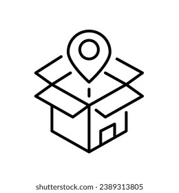 Delivery address. Open 3d box and map pointer. Store or personal shipment services. Pixel perfect, editable stroke