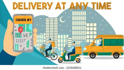 Delivery at any time. Vector illustration with a vehicle. Phone and city map. Smartphone in hands. Driver on a bike, scooter, truck or bicycle, motorcycle, van. Online shopping and food order.