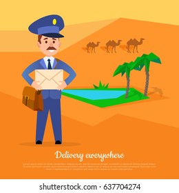Delivery anywhere web banner. Post service world delivery picture with postman. Mailman in suit stands in desert near oasis with camels. Express mail at any weather conditions vector illustration