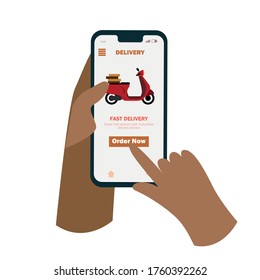 delivery aplication on a smartphone. Hand holding phone for order delivery service. Flat vector cartoon illustration. 