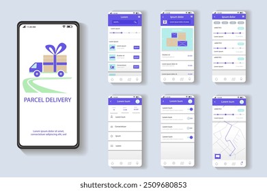 Conceito de aplicativo de entrega em design plano. Interface de aplicação móvel de entrega de encomendas com ilustrações de pacotes, design de fácil utilização e mapa de navegação para o acompanhamento da expedição. Ilustração de vetor.