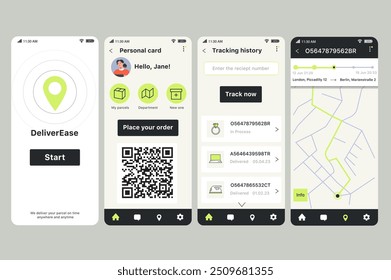 Concepto App de la entrega en diseño plano. Pantalla de interfaz de App móvil DeliverEase con una sección de tarjeta personal con opciones de gestión de paquetes e historial de seguimiento. Ilustración vectorial.