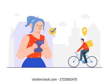Concepto de aplicación de entrega Feliz Cliente Esperando Diseño de Ilustración de Vector de Estilo Plano