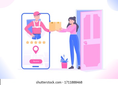 Delivery app concept. Delivery man in big smartphone delivering package to door and gives to the client. Online food delivery concept. Web banner or landing page concept vector