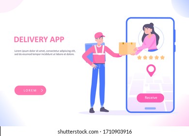 Concepto de aplicación de entrega. El encargado de entrega entrega entrega el paquete al cliente en un gran smartphone.Concepto de entrega de comida en línea. Vector de concepto de banderín web o página de inicio