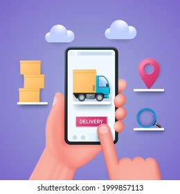 Delivery app concept. Delivery truck on mobile phone screen. Hand holds smartphone, finger touches delivery button on screen. Web vector illustrations in 3D style