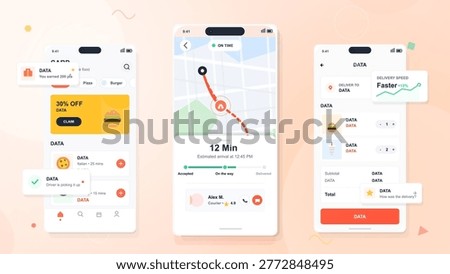 A delivery app displays information on an order. It shows estimated arrival time, delivery speed, and notes about the pickup location. The screen shows a map and order status.