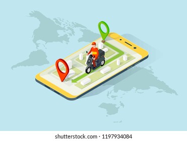 Delivery app isometric illusration. Pizza order navigation. Fast food shipping. Pizza courier delivery. E-commerce concept. Online food order infographic. Webpage, app design. Isolated vector