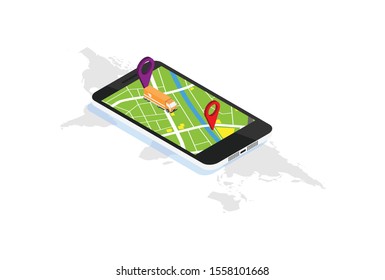 Delivery app isometric illustration. E-commerce. Track service. Truck shipping. Global online navigation. Delivery tracking infographic. Smartphone app, web, banner design. Isolated vector