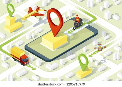 Delivery app isometric website template. Online order tracker application. Courier, truck, aircraft shipping methods. Express delivery infographic. E-navigation. Smartphone app design. Isolated vector