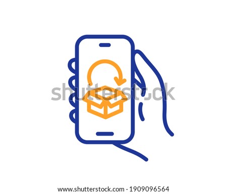 Delivery app line icon. Hand hold phone sign. Cellphone with screen notification symbol. Quality design element. Line style delivery app icon. Editable stroke. Vector