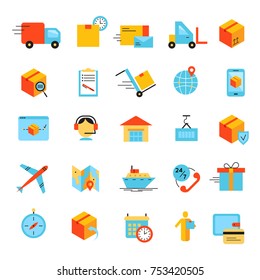 Delivery app modern flat icons set. Vector logistics bright symbols collection.