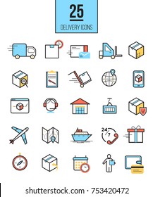 Mit der App können moderne lineare Symbole bereitgestellt werden. Vector Logistics Line Style Symbolsammlung.