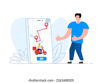 Delivery app on a smartphone tracking a delivery man on a moped. Delivery and online shopping.