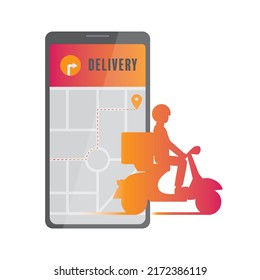 delivery application with phone screen and delivery man on a scooter