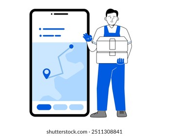 Liefer-Apps Karte Navigation Route Richtung Mann Postman Lieferung Lieferservice bringen Box blau schwarz und weiß Illustration 