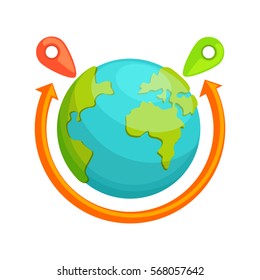 Delivery around the world concept. Globe With Red Arrow Rotating. Destination transportation service. Company Symbol Of Worldwide Coverage. Shipping all over the earth