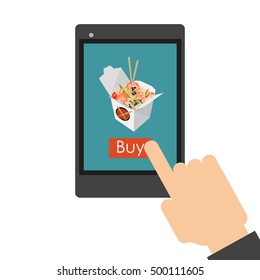 Delivery Asian Food on the phone. Noodles wok. Vector