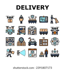entrega de iconos de robot autónomos conjunto vector. transporte de tecnología, transporte de vehículos, prestación automática de negocios autónoma de la industria ilustraciones de la línea de color robot autónoma