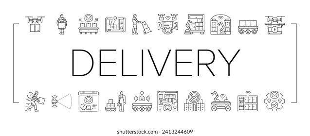 Lieferautonomie Roboter Icons Set Vektor. Technologietransport, Fahrzeugtransport, industrieautonome automatische Geschäftsauslieferung Autonome Roboter-Schwarze-Linie-Illustrationen