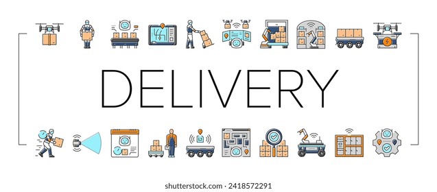 delivery autonomous robot icons set vector. technology transport, vehicle transportation, industry autonomous automatic business delivery autonomous robot color line illustrations